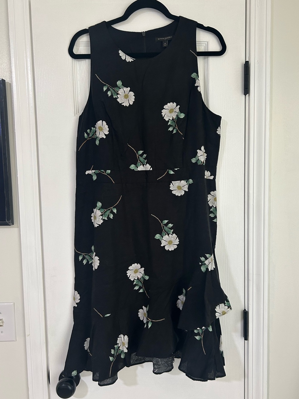 Black linen ruffle hem dress